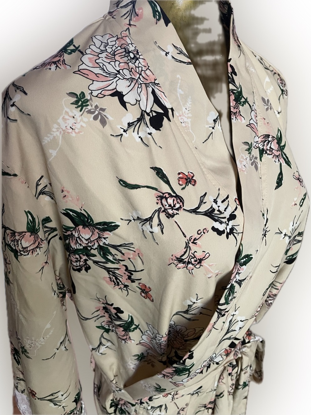 Beautiful Silken Floral Rose & Cream wrap robe with green accents, & lace trim